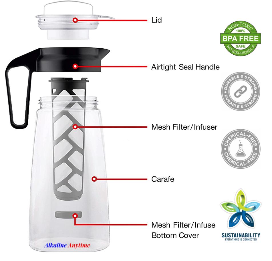 Infusor de lanzador de filtro de agua alcalino, Tritan lanzador 2L | 9.5 Filtros alcalinos de pH | Jarra de té | Tritan BPA Cafetera de hielo gratis | Lanzador infusor