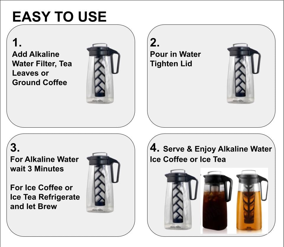 Infusor de lanzador de filtro de agua alcalino, Tritan lanzador 2L | 9.5 Filtros alcalinos de pH | Jarra de té | Tritan BPA Cafetera de hielo gratis | Lanzador infusor