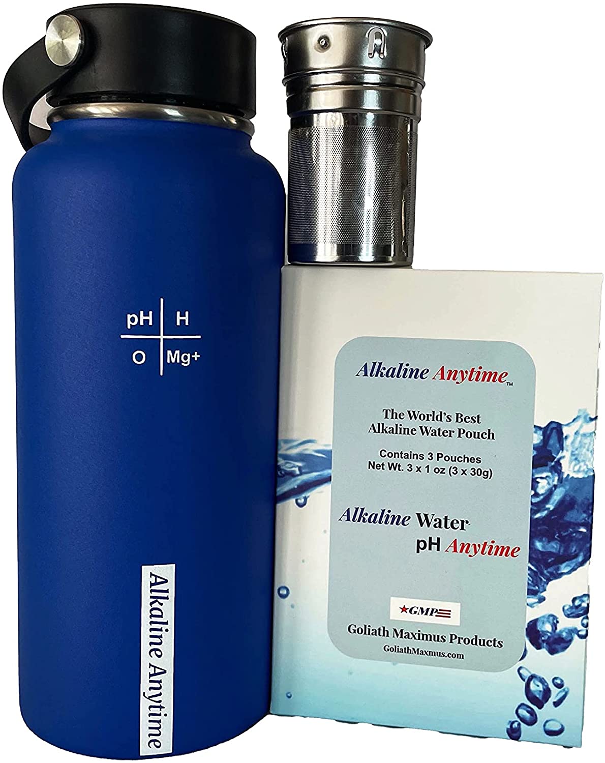 32oz. Botella de agua alcalina Acero inoxidable | Crea agua de pH hasta 9.5+ pH | Vacío de boca ancha aislada con mango | Micromesh Pouch e Infuser