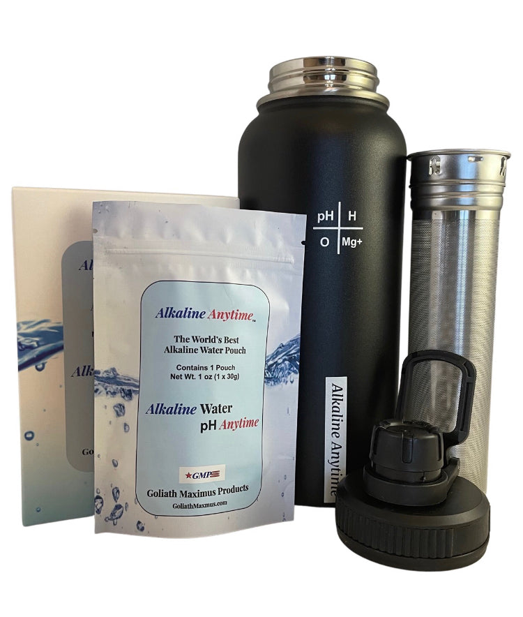32oz. Botella de agua alcalina Acero inoxidable | Crea agua de pH hasta 9.5+ pH | Vacío de boca ancha aislada con mango | Micromesh Pouch e Infuser