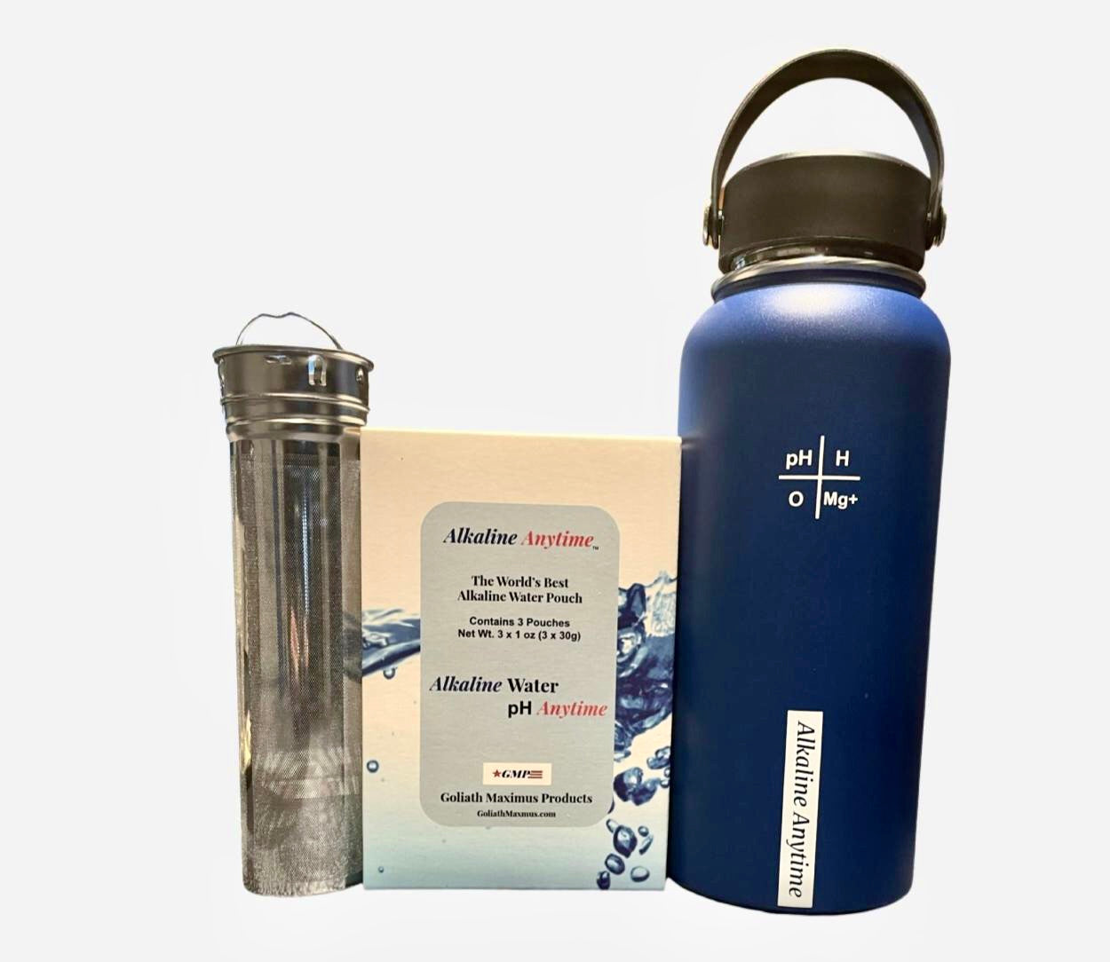 32oz. Botella de agua alcalina Acero inoxidable | Crea agua de pH hasta 9.5+ pH | Vacío de boca ancha aislada con mango | Micromesh Pouch e Infuser