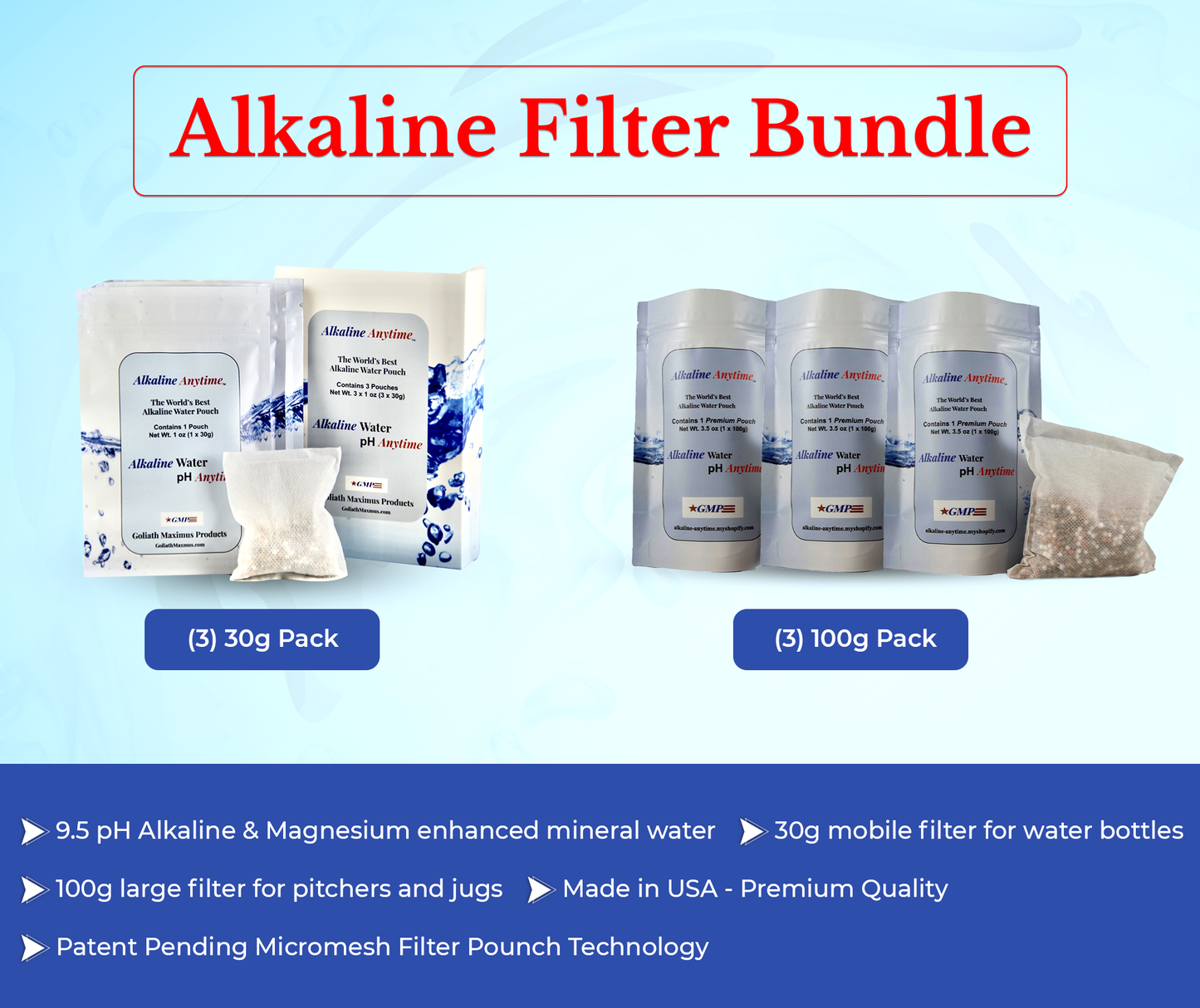 Paquete de filtro alcalino en cualquier momento: Worlds Best Alkaline Water- 3 paquete de 30 g y 3 paquete de 100 g, se ajusta a cualquier contenedor -9.5ph + electrolitos ionizados