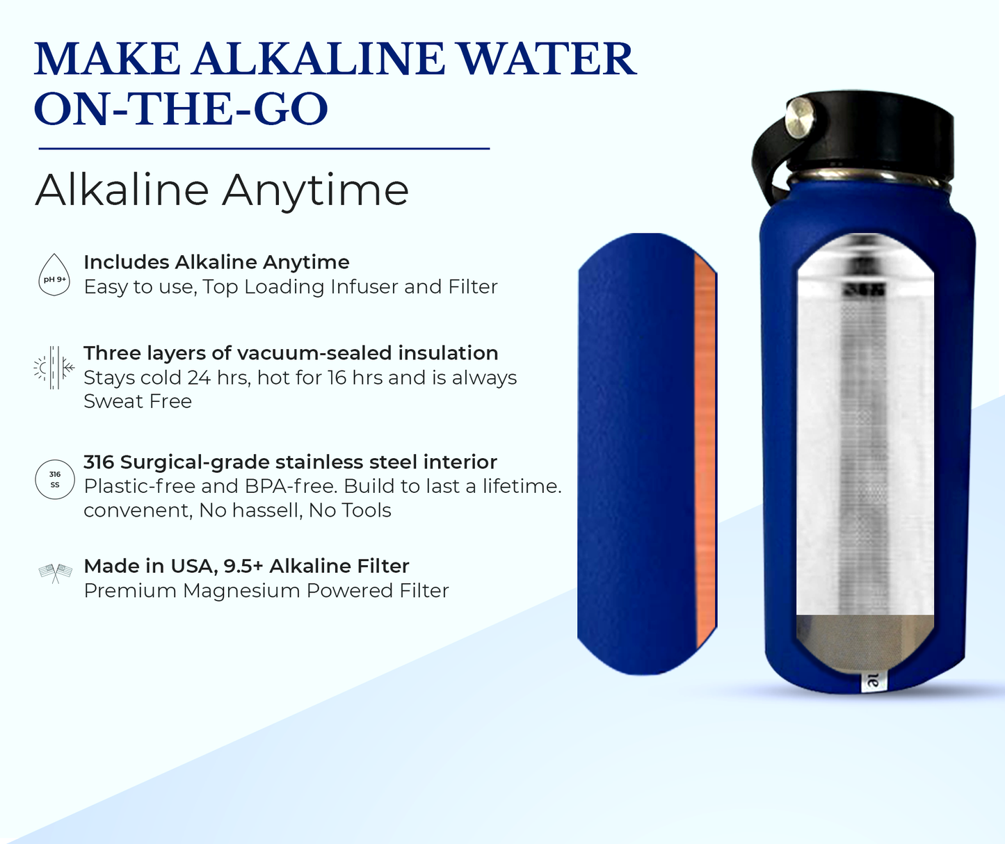 32oz. Botella de agua alcalina Acero inoxidable | Crea agua de pH hasta 9.5+ pH | Vacío de boca ancha aislada con mango | Micromesh Pouch e Infuser