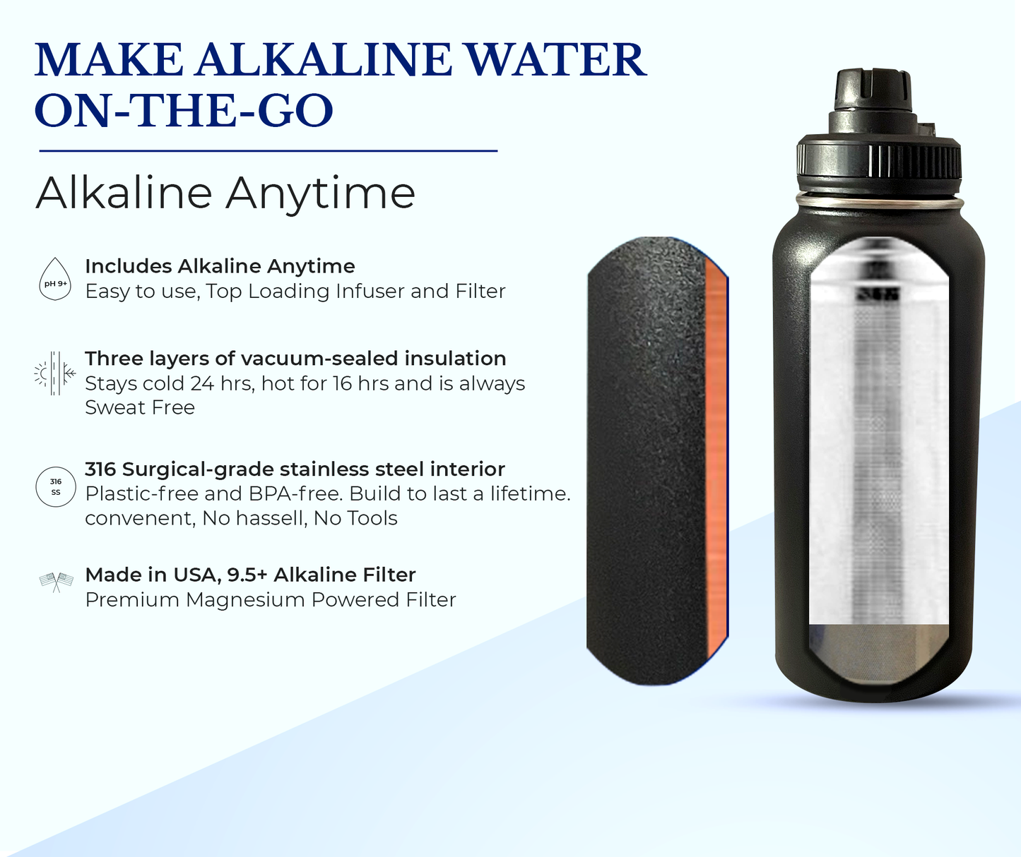 32oz. Botella de agua alcalina Acero inoxidable | Crea agua de pH hasta 9.5+ pH | Vacío de boca ancha aislada con mango | Micromesh Pouch e Infuser