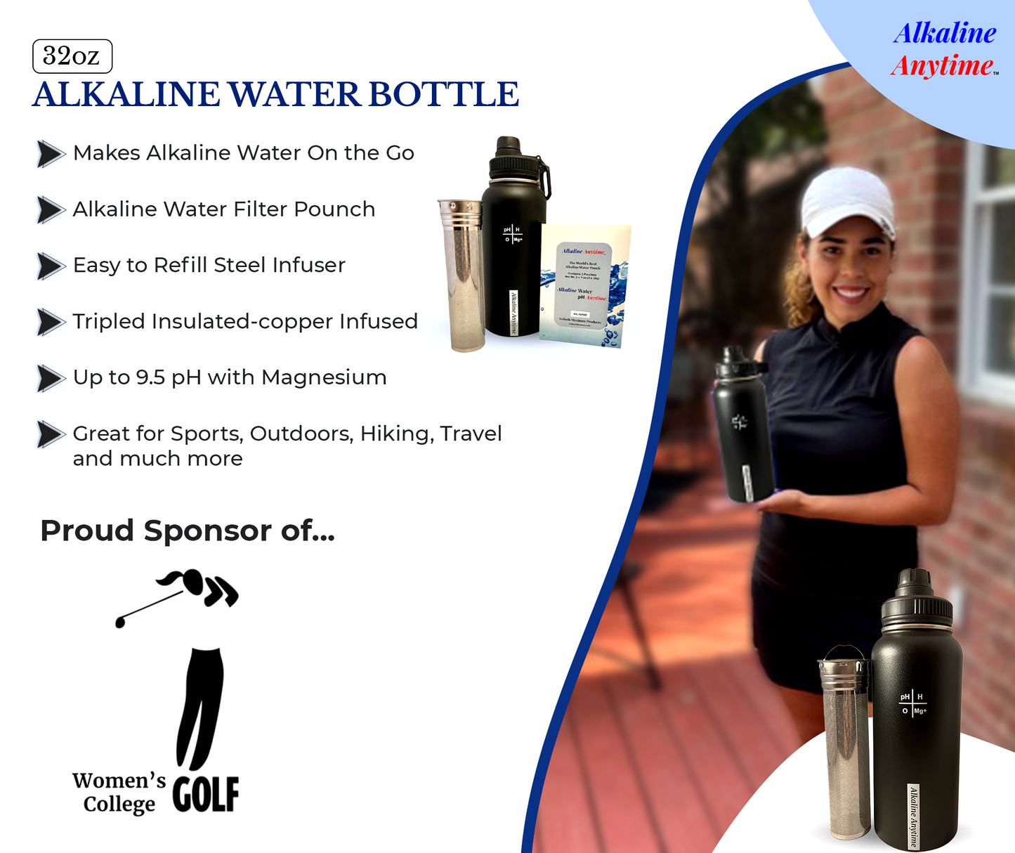32oz. Botella de agua alcalina Acero inoxidable | Crea agua de pH hasta 9.5+ pH | Vacío de boca ancha aislada con mango | Micromesh Pouch e Infuser