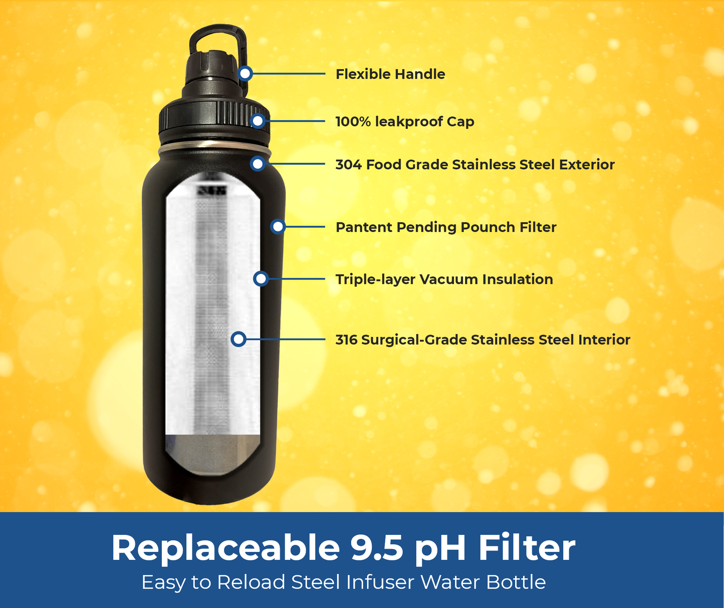32oz. Botella de agua alcalina Acero inoxidable | Crea agua de pH hasta 9.5+ pH | Vacío de boca ancha aislada con mango | Micromesh Pouch e Infuser