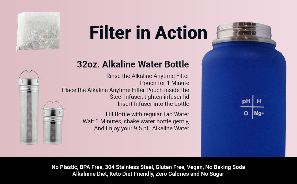 32oz. Botella de agua alcalina Acero inoxidable | Crea agua de pH hasta 9.5+ pH | Vacío de boca ancha aislada con mango | Micromesh Pouch e Infuser