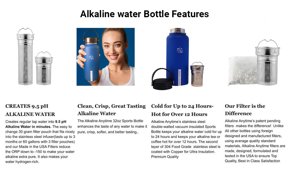 32oz. Botella de agua alcalina Acero inoxidable | Crea agua de pH hasta 9.5+ pH | Vacío de boca ancha aislada con mango | Micromesh Pouch e Infuser