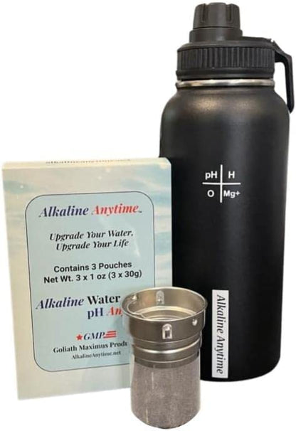 32oz. Botella de agua alcalina Acero inoxidable | Crea agua de pH hasta 9.5+ pH | Vacío de boca ancha aislada con mango | Micromesh Pouch e Infuser