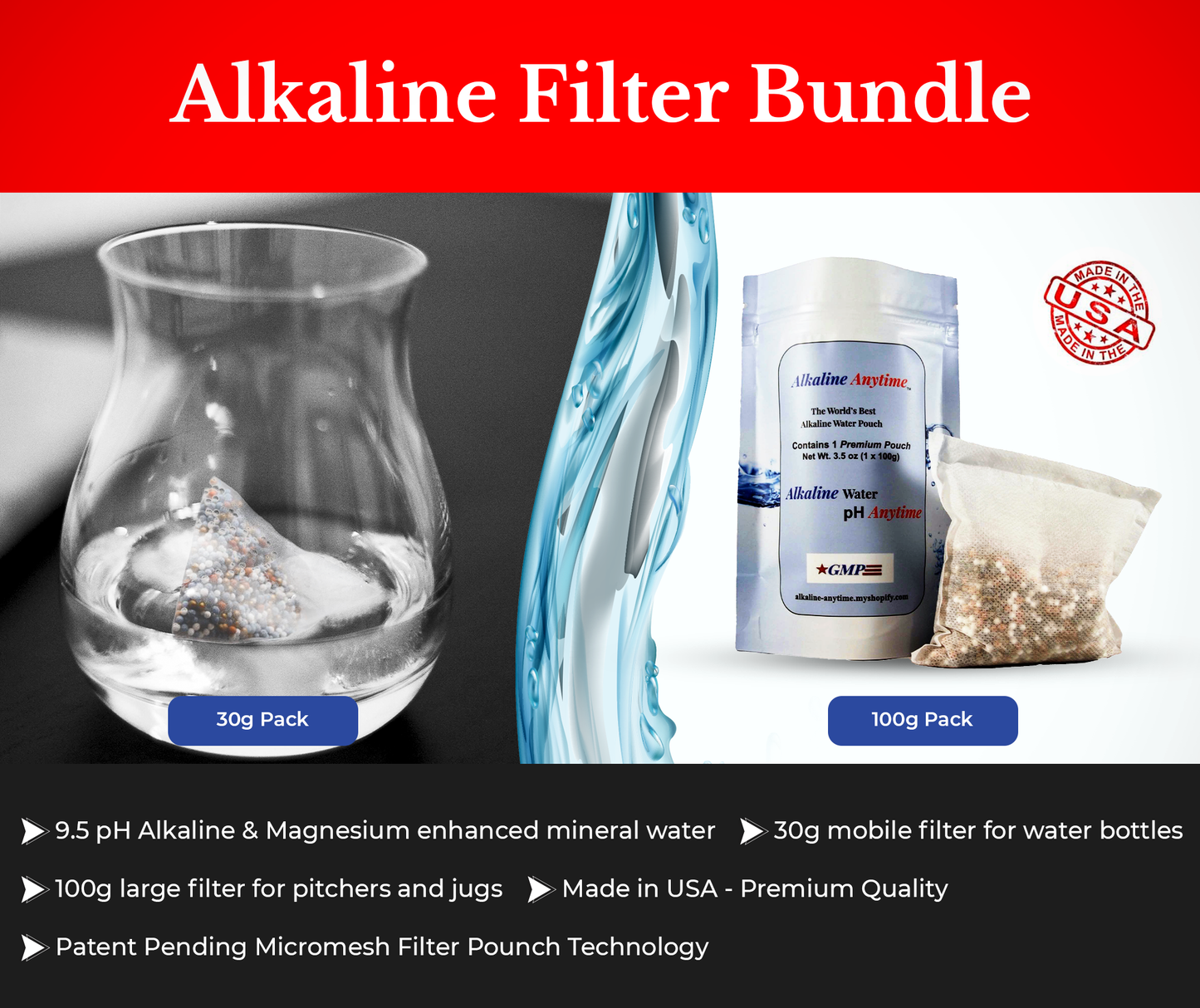 Paquete de filtro alcalino en cualquier momento: Worlds Best Alkaline Water- 3 paquete de 30 g y 3 paquete de 100 g, se ajusta a cualquier contenedor -9.5ph + electrolitos ionizados